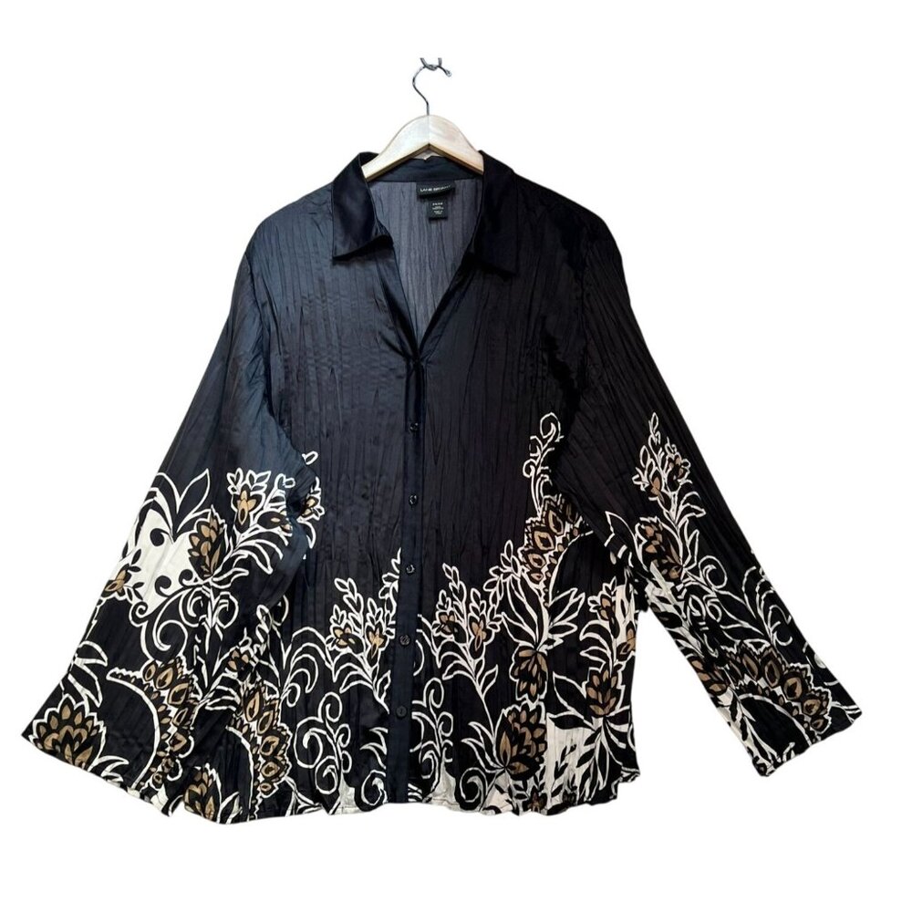 Lane Bryant Button Front Blouse Womens 26/28 Black Floral Top Flared Sleeves Y2K